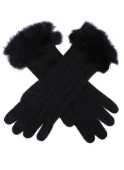 Dents Womens Lambswool Angora And Nylon Blend Cable Knit Gloves With Fur Cuff - Black
