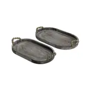 Willow & Silk Wooden Oval Trays W/beaded Handles Set/2- Natural