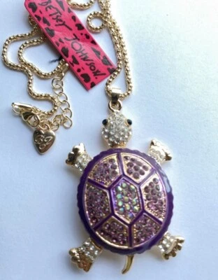 Rhinestone Purple Crystal Enamel Turtle Pendant Necklace Betsey Johnson 3D