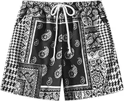 [Eymitory] Boy's Summer Boho Paisley Print Drawstring High Waisted Beach Shorts with Pockets, Black, 13-14 Years