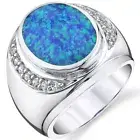 Peora 925 Sterling Silver Created Blue Opal oval Ring for Men