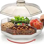 Noamus Rotating Snack Serving Tray with Lid, 11" Plastic Divided Serving Dishes, 5 Compartment Round Appetizer Platter, Removable Dried Fruit Organizer Plate for Veggie Candy Nut Cracker Chip Party