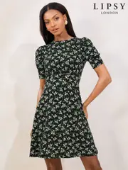 Green Floral Printed Jersey Underbust Mini Dress (F12448) | $106