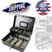 Locking Cash Box Steel Large Key Lock Portable Money Organizer for Home Office