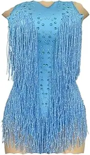 [Generic] Sparkly Bodysuit Women Party Dance Costume Stage Wear Tassel Leotard Performance Clothing(Lake Blue,S-M)