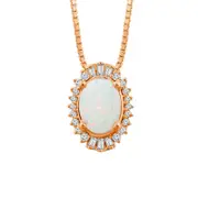 Oval Opal and 0.13 CT. T.W. Baguette and Round Natural Diamond Starburst Frame Pendant in 14K Rose Gold