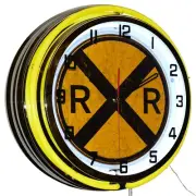 19" Railroad Crossing Double Neon Clock Garage Man Cave Decor (Yellow)