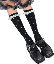 Esdlajks Lolita Cute Calf Socks Girls Pile Socks Heart Print Mid Tube Socks Satin Lace (Color : Black, Size : One Size)