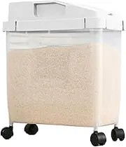 Rice Container 22LBS Rice Dispenser Capacity with Wheels Moisture-Proof Bucket with Measuring Cup ＆ Top Compartment Transparent BPA Free Plastic Storage for Dry Food