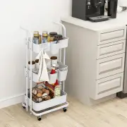 Costway3-Tier Rolling Cart Folding Storage Cart with 3 Hanging Cups and 6 Hooks-White