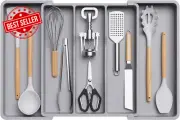 Expandable Utensil Drawer Organiser Large Adjustable Cutlery Tray Grey Plastic