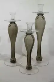 New Set of 3 Candle Glass Holders Clear Glass/Gray Elegant