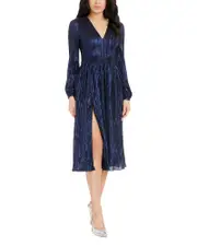 Dress the Population Holly Long Sleeve Metallic Plisse Dress