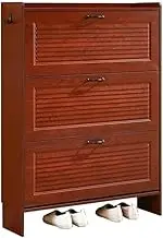 Freestanding Shoe Organizer with 3 Flip-Out Drawers, Recessed Brown Shoe Cabinet for Slim Storage at Entry, Narrow Freestanding Shelf Shoe Cupboard