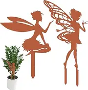 Patina Elf Fairy Garden Stakes, Set of 2, Rust Look Decoration for Garden, Patio, Balcony, Magical Fairy Figures with Wings, Plant Stakes, Patina Metal Decoration
