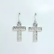 E0811 Silver Tone Metal Filigree Design mini Cross Shape drop Dangle Earrings