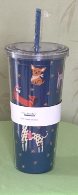 VERA BRADLEY BARK PARK DOGS DOUBLE WALL TUMBLER W/STRAW:NWT DOGS