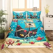 Cartoon Pirate Ship Duvet Cover Set Queen Size Marine Adventure Comforter Cover Underwater Fish Bedding Set 3pcs for Kids Cute Octopus Jellyfish Bedspread Cover,Comforter Not Included