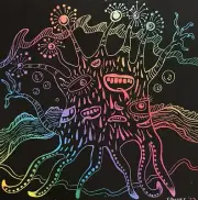 Scratch Board Art Drawing Sea Creature 10 x 10 in Jocelyn Bullock
