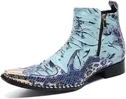 [Generic] Ankle Boot for Men High Top Boot Slip On StyleGenuine Leather Embossed Double Zipper Metal Pointed Top Flats Block Heel Men's Leather Shoes