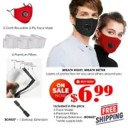 3 Reusable Cloth Face Masks Red & 6 FREE 5 LAYER FILTERS + BONUS