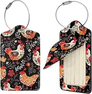 [STVYUKL] Cute Rooster Chickens Luggage Tags 2 Pcs for Suitcase Waterproof Leather Suitcase Tags Privacy Cover Name Id Label and Metal Loop Baggage Tags for Women Men Travel
