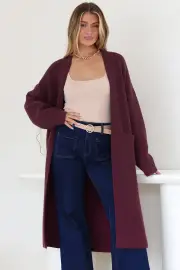 Levi Cardigan - Open Front Long Knit Cardigan with Pockets in Wine
