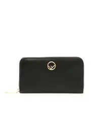Fendi F Gold Logo Black Leather Zip Around Wallet