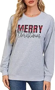 [Asoodiy] Christmas Sweatshirts Women Xmas Top Ladies Merry Christmas Tree Printed Top Drop Shoulder Sweatshirts Holiday Pullover, Grey Letters, S