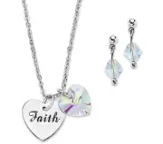 AURORA BOREALIS CRYSTAL SILVERTONE HEART FAITH CHARM NECKLACE SET
