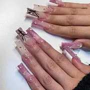 24pcs Long Coffin Shaped Ballet Fake Nails with Rhinestone Butterfly Pattern Design French Fake Nails for Women and Girls Nail Tips