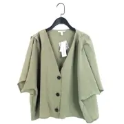 Topshop Army Green Front Button V-Neck Short Sleeve Blouse Top - Size 16 NEW