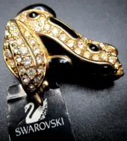 SWAROVSKI Swan Signed Crystal Black Enamel Frog Pin Brooch W/ Original Tag!
