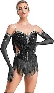 [Yhong] Womens Sleeveless Latin Jazz Dance Bodysuit Tops With Gloves Fringe Cha Cha Tango Rumba Dance Costume