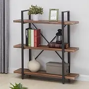 IHOMDEC 3-Tier Bookshelf，Vintage Industrial Book Shelf, Rustic Wood and Metal Bookcase and Bookshelves, Display Rack and Storage Shelf for Living Room Bedroom and Kitchen, Retro Brown