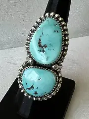 2 stone Natural Morenci Turquoise Sterling Silver Sz8 Byrd Navajo Avin Joe R0123
