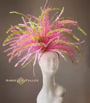 Aimee Fuller Kentucky Derby Oaks Fascinator Hat Green Pink Feather XL Headpiece