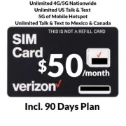 Verizon Prepaid $50 Unlimited Talk Text 5G/4G Data Plan 5GB Hotspt For 90 Days.