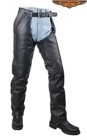 Black Cowhide Leather Men's Motorcycle Biker Multi-Pocket Mesh lining Chaps