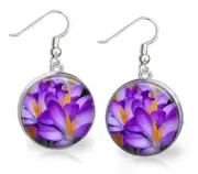 Crocus Flowers Glass Dome Dangle Earrings Handcrafted Quality Gifts