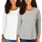 2 x Kirkland Signature Women's 3/4 Sleeve Slub Tee - White & Grey - 7991664
