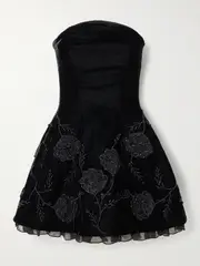 [Clio Peppiatt] Clio Peppiatt - Night Shade Strapless Chiffon-trimmed Embellished Velvet Mini Dress - Black - large large Black