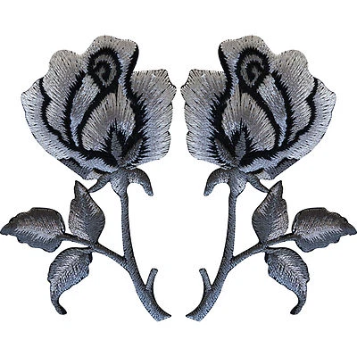 Pair of Rose Flowers Embroidered Iron Sew On Patch Badge Silver Grey Black Roses
