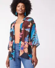 Chico's Floral Wonders Clip Dot Jacket Woman XL Tropical Floral Sheer Tassel NWT