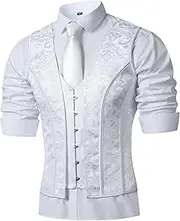 [HUAMYTH] Men Corset Suit Vest White Dress Waistcoat Slimm Fit Medieval Tops For Wedding Stage