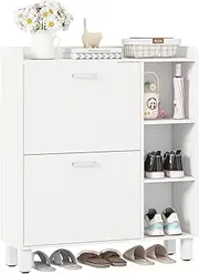 Ufurniture Shoe Cabinet, Adjustable Shoe Storage Organiser Cupboard with 2 Flip Drawers, Wooden Shoe Display Shelf Rack for Home Entryway Furniture, 80cm, White