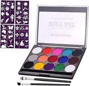 Professional Body Art Face Painting Kit Water Based Removable Body Paints 15 Colors Palette with 2 Paintbrushes and 4 Templates for Halloween Costume Makeup Themed Party Supplies