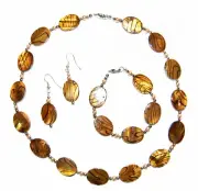 BEADED DK GOLD OVAL SHELL NECKLACE BRACELET EARRING SET USA Artisan Crafted #2