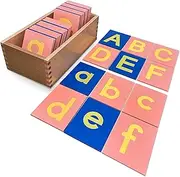Delmach Montessori Sandpaper Letters | Lowercase and Uppercase | PP Wood Tiles | Vowel Consonant Color Coded | Includes Storage Box