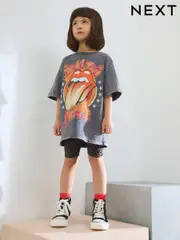 Charcoal Grey Rolling Stones Oversized License T-Shirt & Cycle Shorts Set (3-16yrs) (AG5842) | $39 - $53